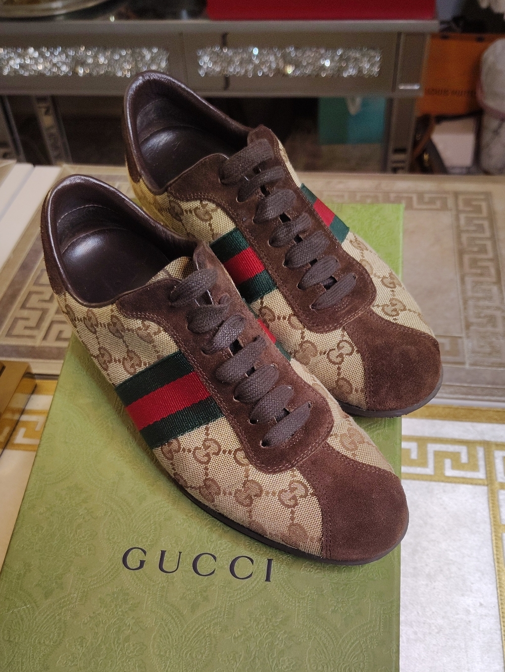 Gucci Beige GG Canvas Brown Suede Sneakers with Green-Red Web EU 38/US 7.5